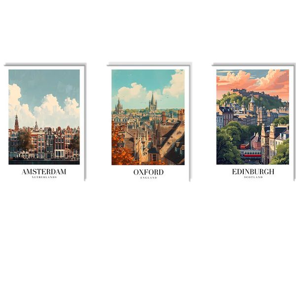 Canvas-Art-3 Pieces Vintage Cities Oxford , Amsterdam &amp; Edinburgh Wall Art