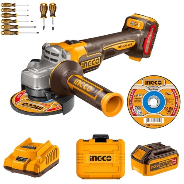 Ingco - Angle Grinder with 4.0Ah Battery, Charger &amp; Screwdriver Set