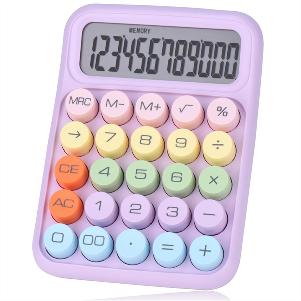 Mechanical Pushbutton Calculator, 12 Digit LCD Display, Purple