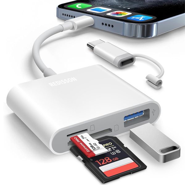 SD Card Reader, Built-in Lightening &amp; USB-C Dual Connectors Card Adapter