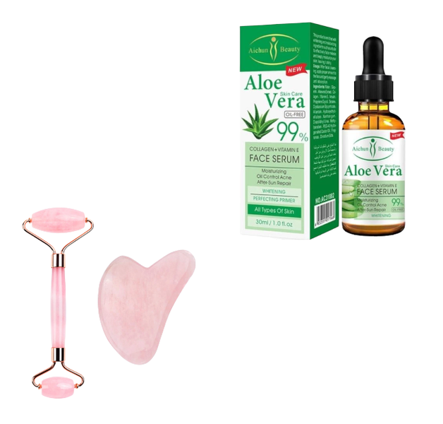 Jade Roller and Gua Sha Set with Pack of 2 Aloe Vera Face Serum