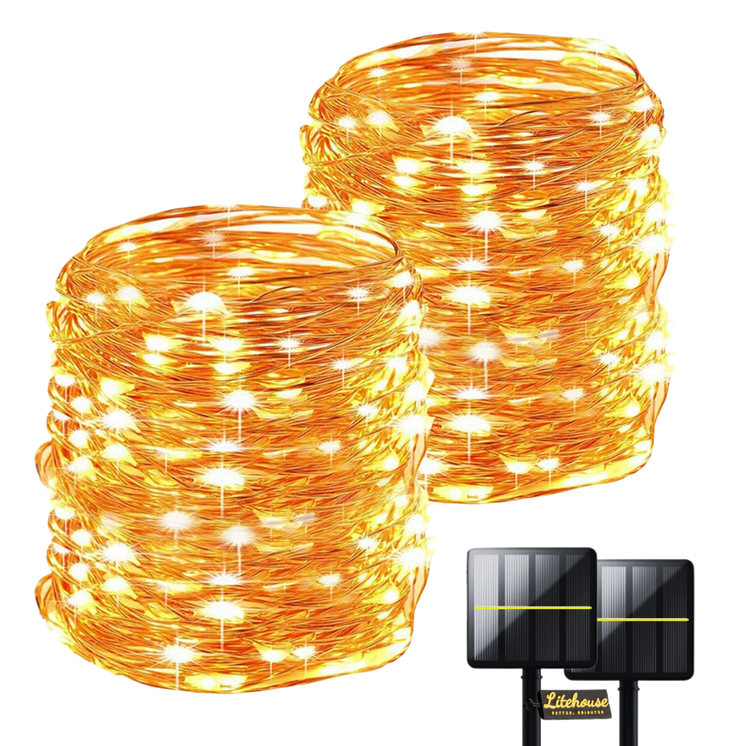 Litehouse 2 Pack 10m Solar 100 LED Copper Wire Fairy Lights Warm