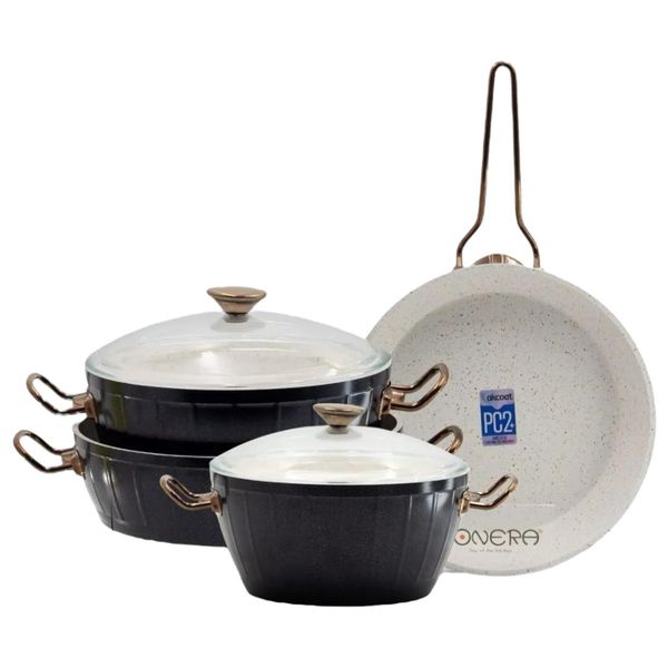 Cookware Set - Black and White with Rose Gold Handles - 7 Piece Set