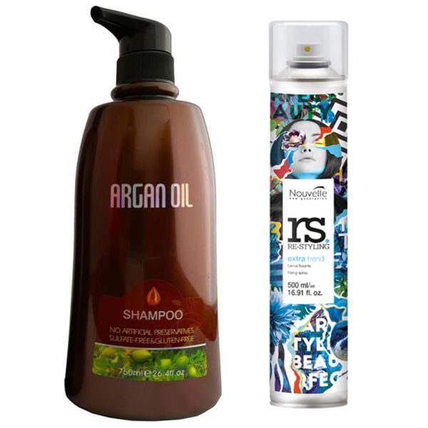 Moroccan Argan Oil - Shampoo 750ml &amp; Nouvelle Re-Styling Extra Trend 500ml