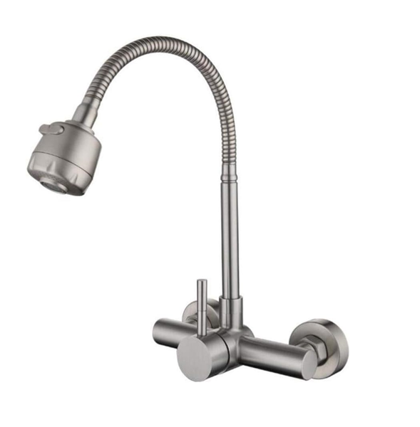 Wall Mount Kitchen Sink Taps Brushed Stainless Steel Double Hole Cold &amp; Hot