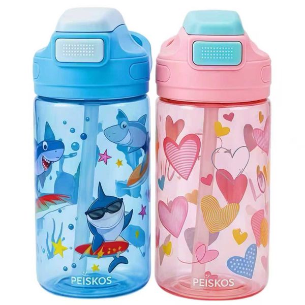 PEISKOS 2 Piece 400ml Super Cute Kids Water Bottle with Straw and Hanlde