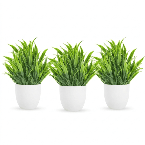 3 Piece Plastic Artificial Green Plants Set - White And Green