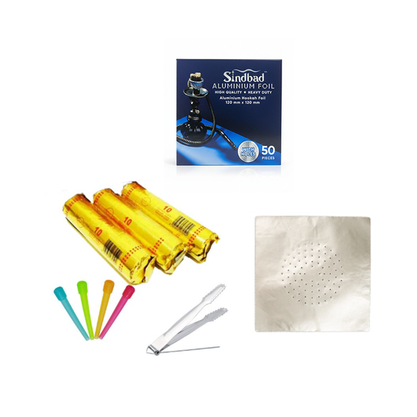 Hookah Lover's Bundle with Coal, Mouthpiece, Tong, and Foil