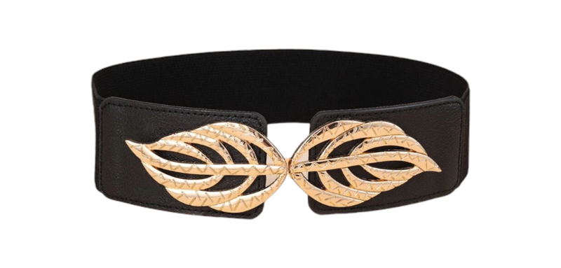Women Black and Gold Metal Leaf Decor Waist Belt
