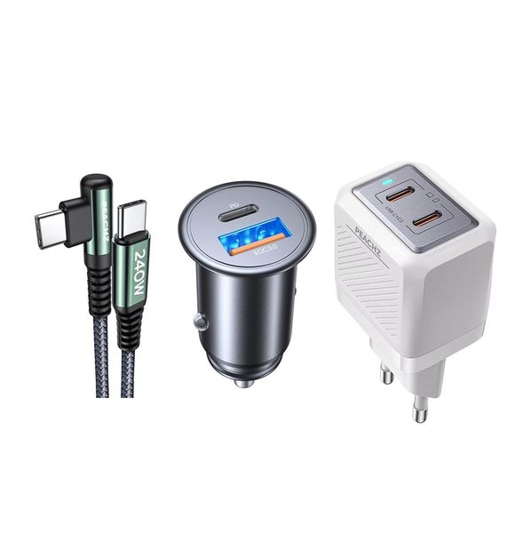 Peachz- Set of 3- type C fast Car Charger/ fast Wall Charger / 240W Cable