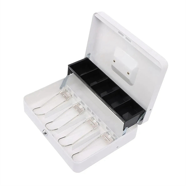 Metal Cash Register With Key Lock-Portable Money Organizer Box Black