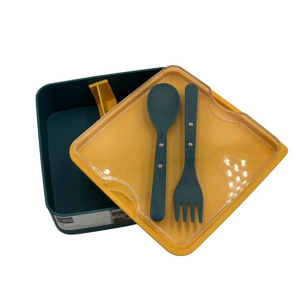 2-Tier Blue and Yellow Lunch Box with Fork and Spoon Set