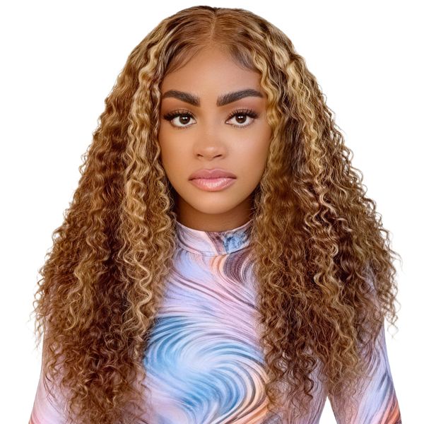 Geebuy 20inch P4/27 Water Wave Full Frontal Wig Human Hair Curly Wig
