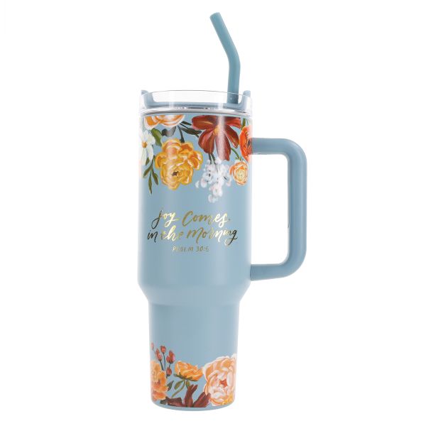 Large Stainless Steel Mug with Handle and Straw - Joy Comes in the Morning