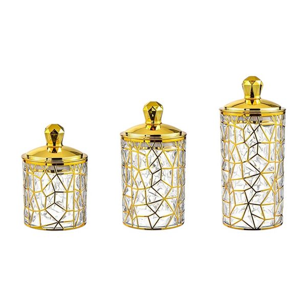 3-Piece Luxury Gold Geometric Plastic Storage Jar Set - Gold/Transparent