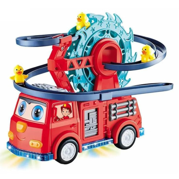 Fire Truck Toy Rail Car Duck with Swivel Slide Toy with Music and Lights