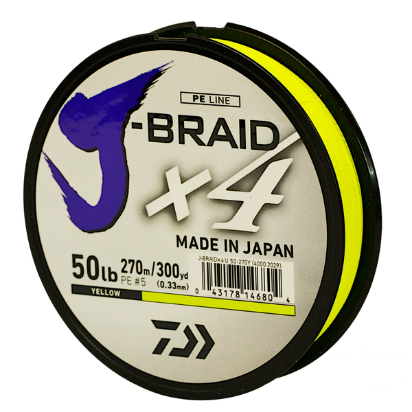 Daiwa J-Braid X4 Braided Fishing Line, 22.7KG/50LB .33MM, Colour Yellow, 270m Spool