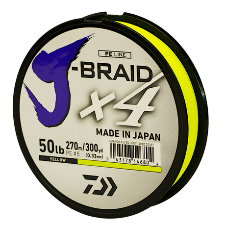 Daiwa J-Braid X4 Braided Fishing Line, 22.7KG/50LB .33MM, Colour Yellow,  270m Spool, Shop Today. Get it Tomorrow!