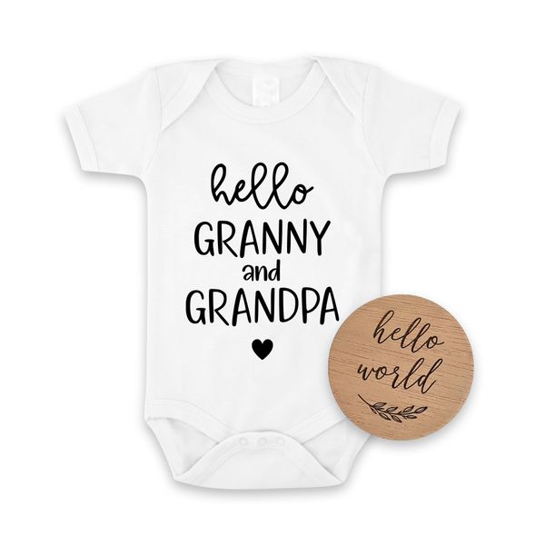 Hello Granny &amp; Grandpa Pregnancy Announcement Onesie And Hello World Disc