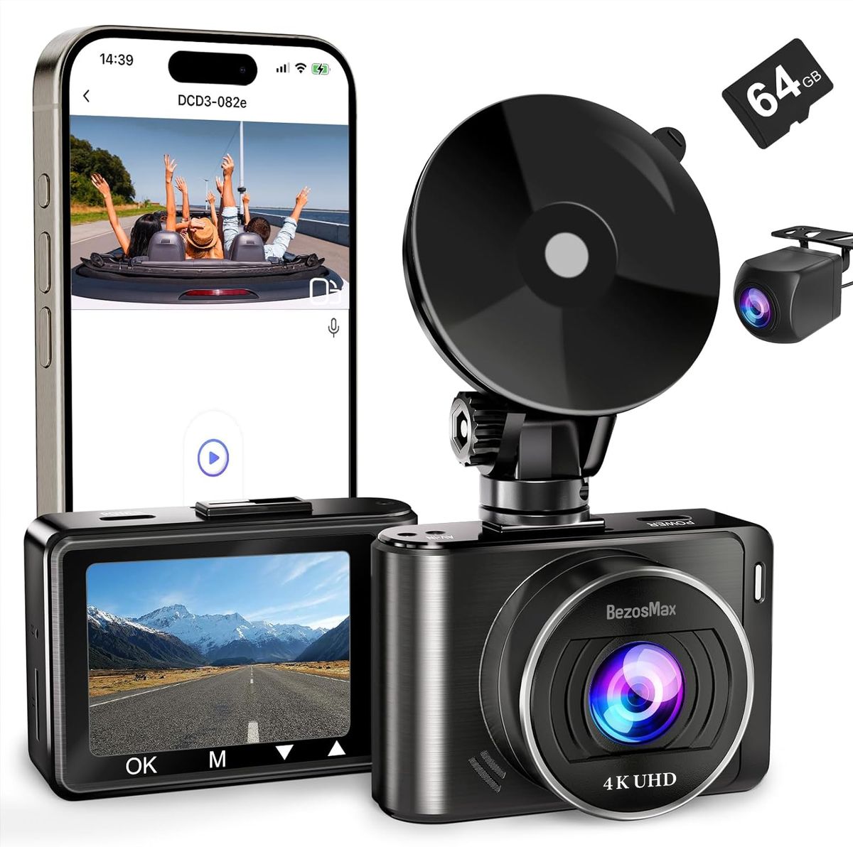 BezosMax 4K Dash Cam + 64GB SDcard, UHD 1080P WIFI mobile interconnection