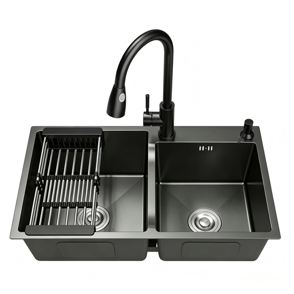 Stainless Steel Double Bowls Kitchen Sink with Drain Basket and Downpipe