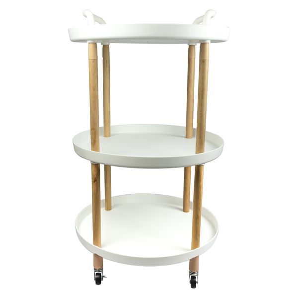 Storage Rack Round 3 Shelf White Plastic and Wood on Casters, 810x475mm Dia
