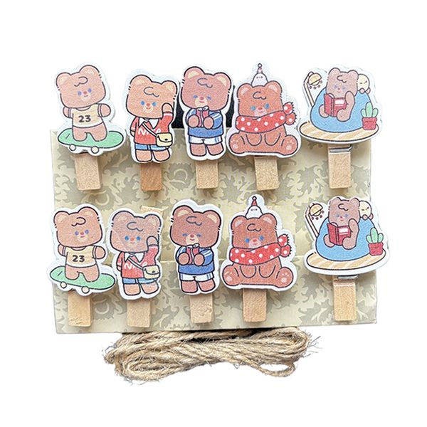 Cute Little Bear Wooden Clip With Hemp Rope Photo Clip Party Clips 10 Peaces
