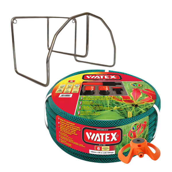 Watex Garden Hose Pipe-12mmx20m with Fittings, Sprinkler&amp;Hose Hanger