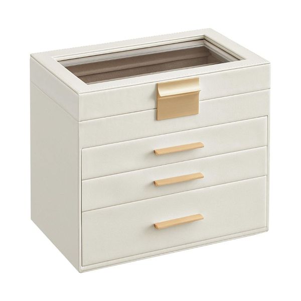 Songmics 4-Tier Jewellery Box Organiser with Glass Lid, White/Gold