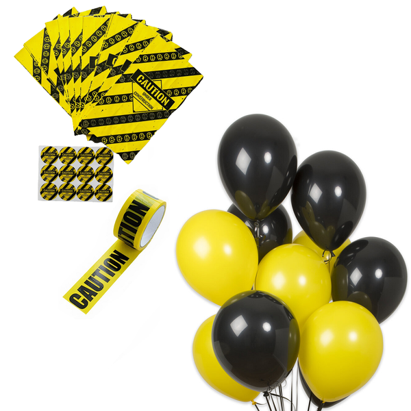 Caution Barrier Tape, Paper Loot Party Packs with Stickers &amp; 20 Balloons