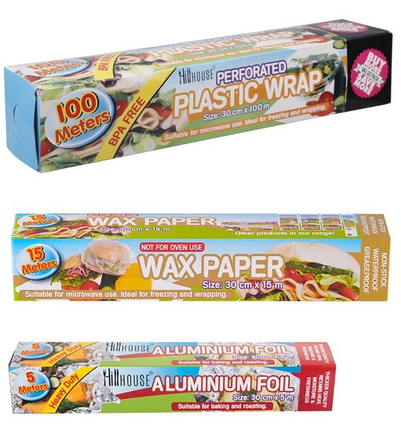 Plastic Wrap 100m Perforated, Foil Roll 30cmx5m Heavy Duty &amp; Wax Paper 15m