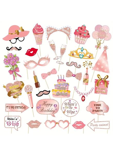 33 Pcs Rose Gold Glitter Birthday Photo Booth Props Kit DIY Photo Props Set