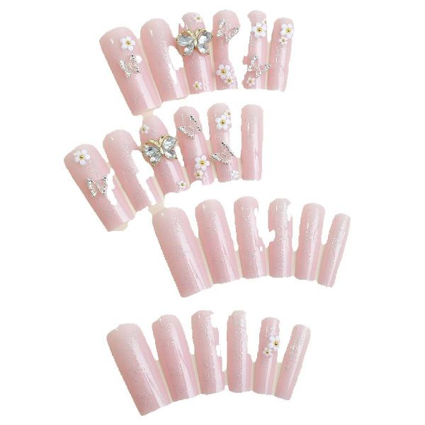 Sweet Flower Long Water Pipe Tips Diamond silver Butterfly reuse nails