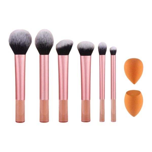 8-Piece Makeup Brush Set With Orange Beauty Sponges - Pink