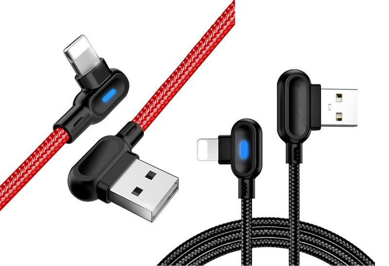 LED Dual Elbow 90 Degree USB Charging to lightning Cable -2m-Combo (Black + Red)