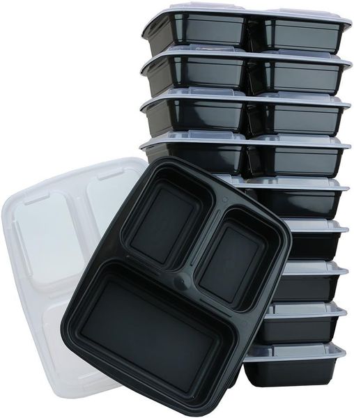 Reusable Food Storage Containers with Lids - 3 Compartment - Set of 10