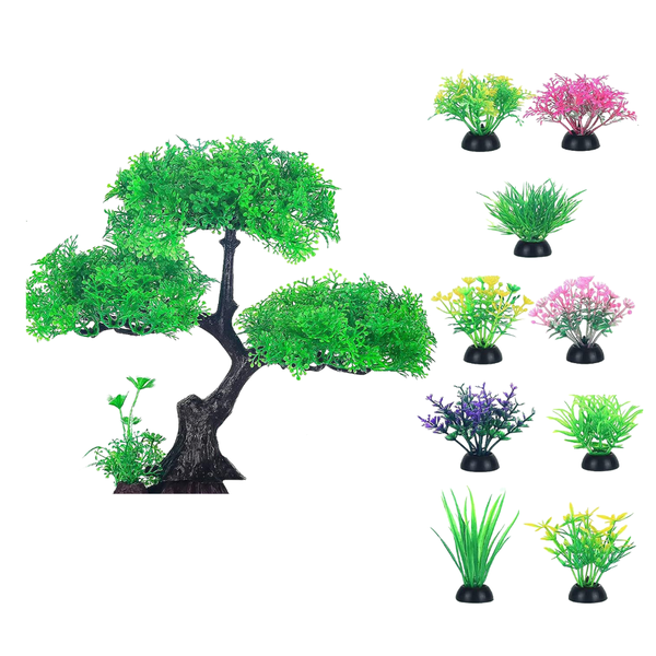 Arfast - Artificial Aquarium Plant Set Green Bonsai Tree With Small Plants