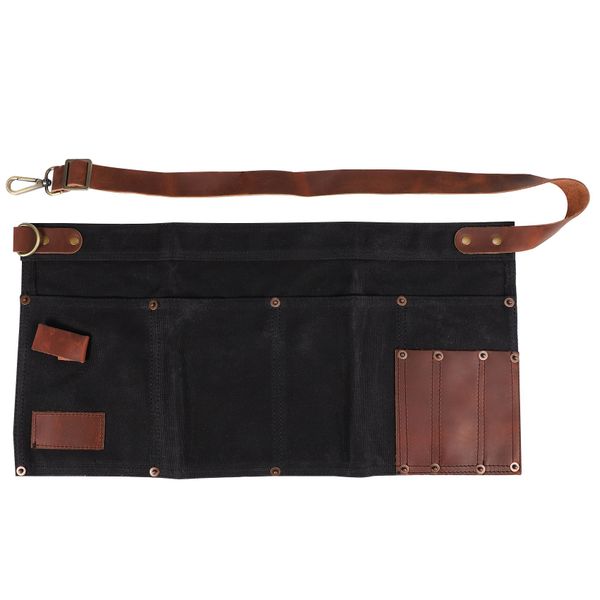 Multi Pocket Apron For Women Real Leather Canvas Half Apron Black