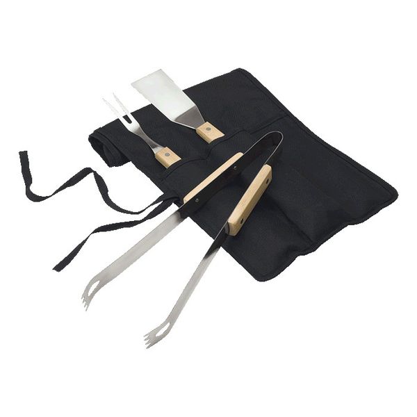 Braai Set in Pouch - Stainless Steel and Wood - Spatula, Fork, Tongs