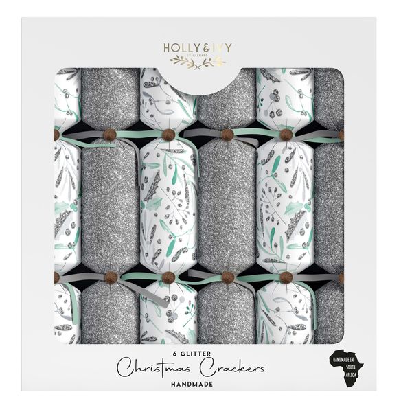 Holly &amp; Ivy Christmas Crackers - Luxury Glitter Silver Mistletoe Sprigs