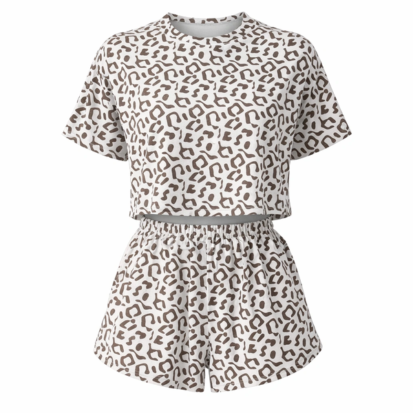 Two Piece Leopard Print Pajama Set- White Anfd Brown