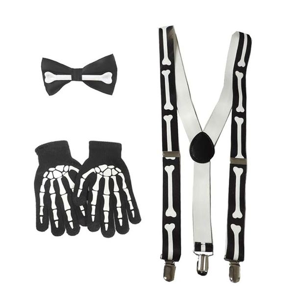 Halloween Skeleton Elasticated Suspenders, Gloves &amp; Bow Tie Set