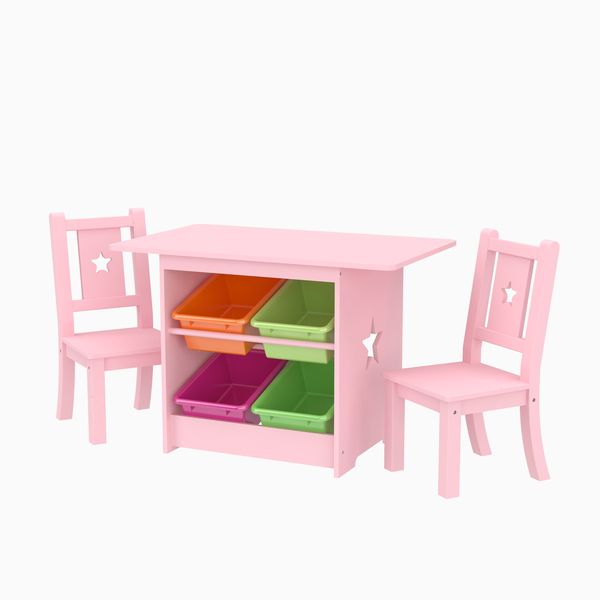 Wooden Star Table &amp; 2 Chair Set with 4 Storage Bins - Pink