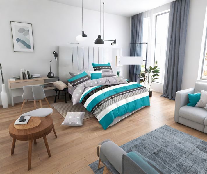 Blue, Grey Polyester Bohemian Stripes Duvet Cover 6 Piece