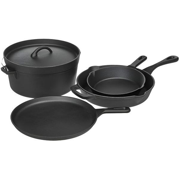 5 Piece Cast Iron Cookware Set with Skillets, Griddle &amp; Dutch Oven - Black