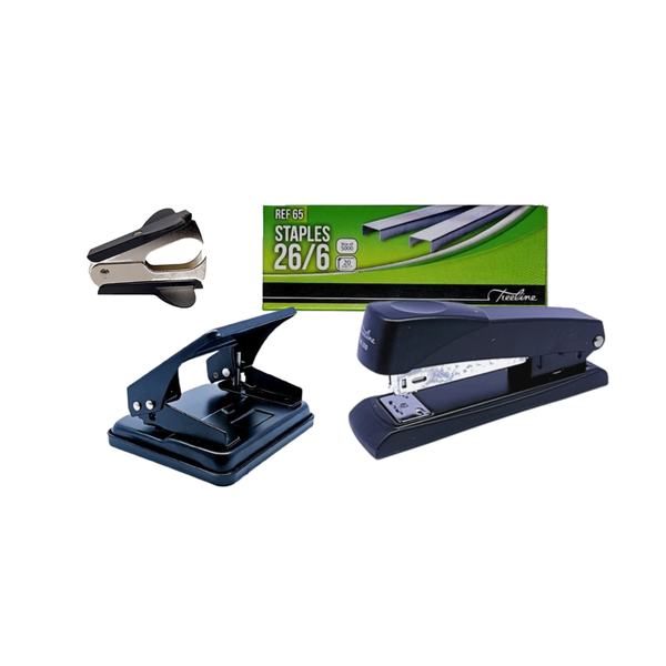 Essential office supplies - stapler, staple remover, punch and staples