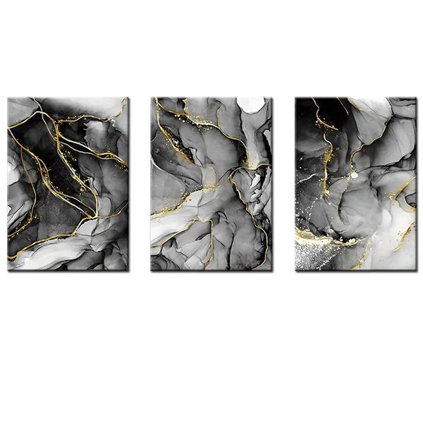 Canvas-Art-3 Pieces Black &amp; White Golden Liquid Marble Abstract Wall Art