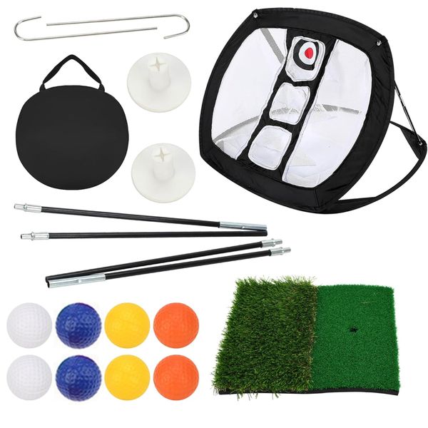 Pop-Up Golf Foldable 3-Target Practice Net Set with Ball Pads Spikes Tee