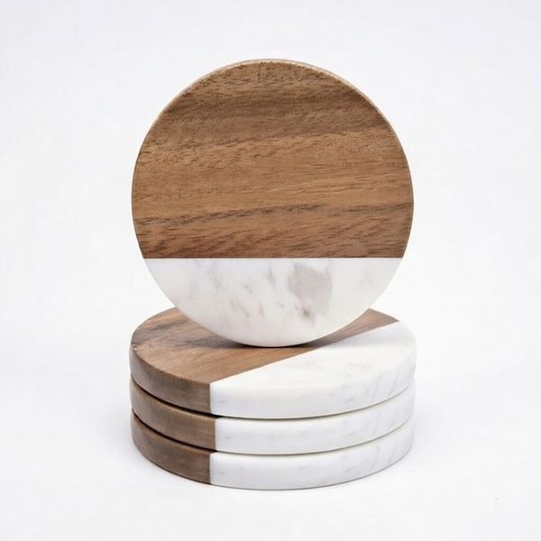 4 Pack 10cm Round Marble and Wood Coaster