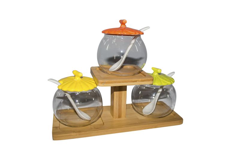 Glass Condiment Bowls with Coloured Lids on a Wooden Stand - Style 1